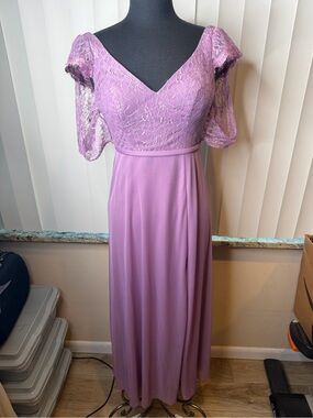 Azazie Singer wisteria color V-neck lace bodice chiffon skirt dress